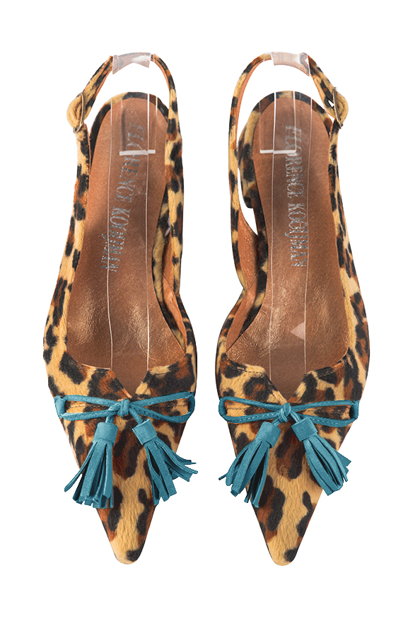 Safari black and peacock blue women's open back shoes, with a knot. Pointed toe. Flat flare heels. Top view - Florence KOOIJMAN